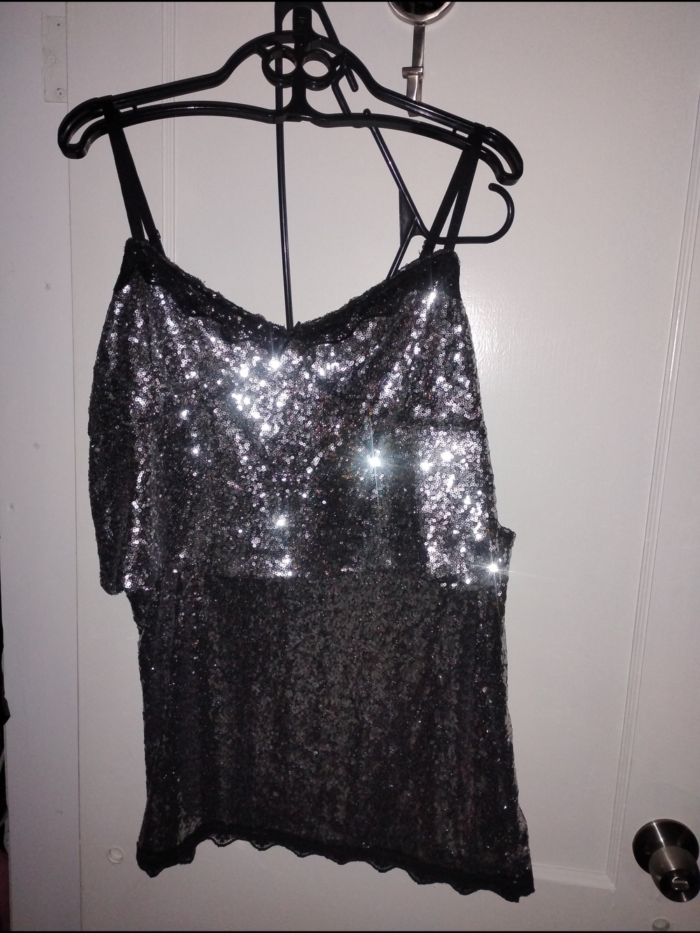 New Silver Sequin Cami Tank & Mini Skirt Set W/ Lace Trim, Size: XL